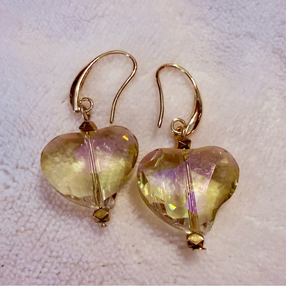 Iridescent Heart-Shaped Crystal Drop Earrings on 18KGP Hook Ear Wires - Picture 4 of 4